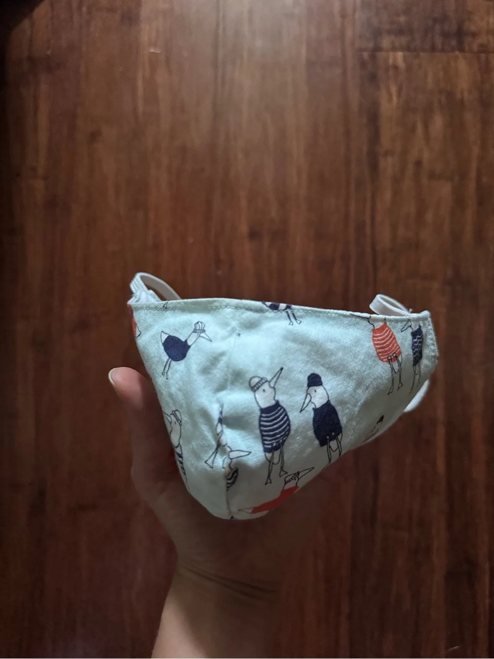 Handmade Fabric Kids Face Mask Seagull Bird Doodle Print Light Blue White Cotton